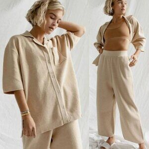 James Street Co Waffle Knit Shirt Cropped Pant Set Size M Tan Beige